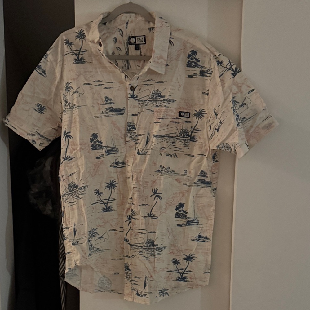 Salty Crew Cream and Blue Island Print Shirt